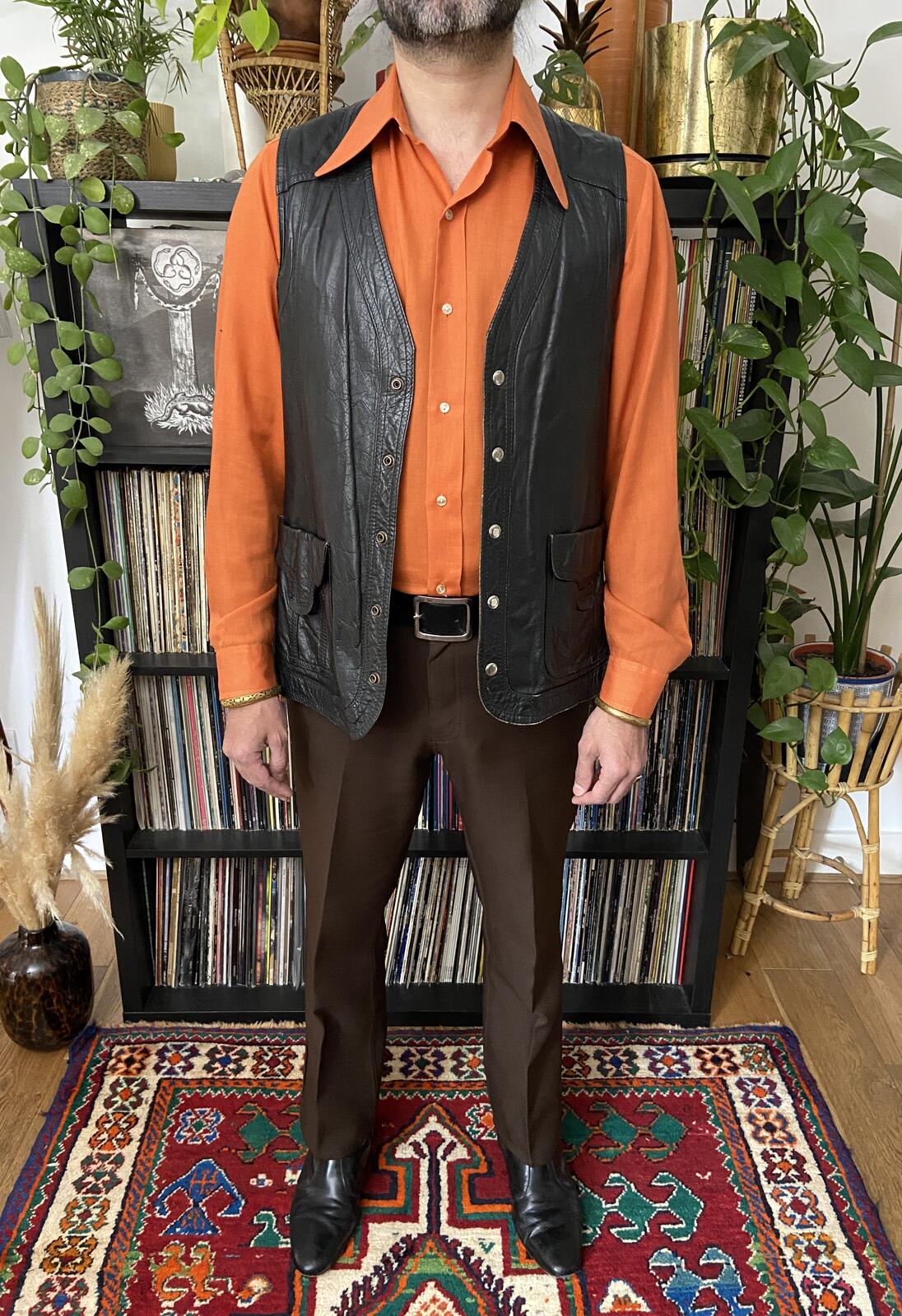 Vintage 1970s Black Leather Waistcoat