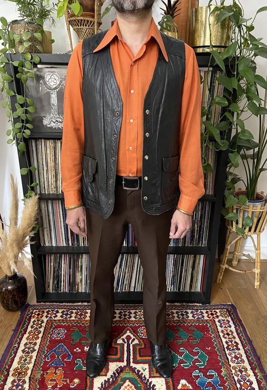 Vintage 1970s Black Leather Waistcoat