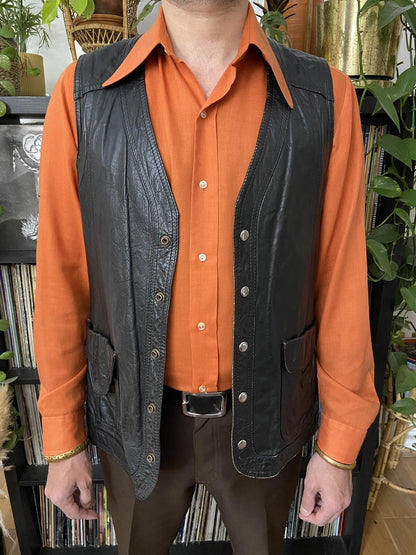 Vintage 1970s Black Leather Waistcoat