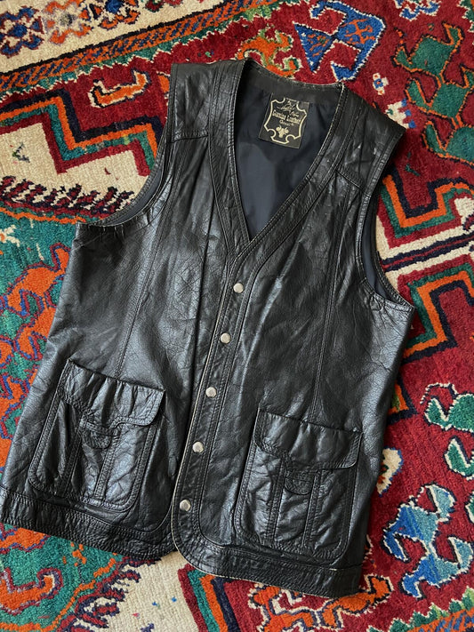 Vintage 1970s Black Leather Waistcoat