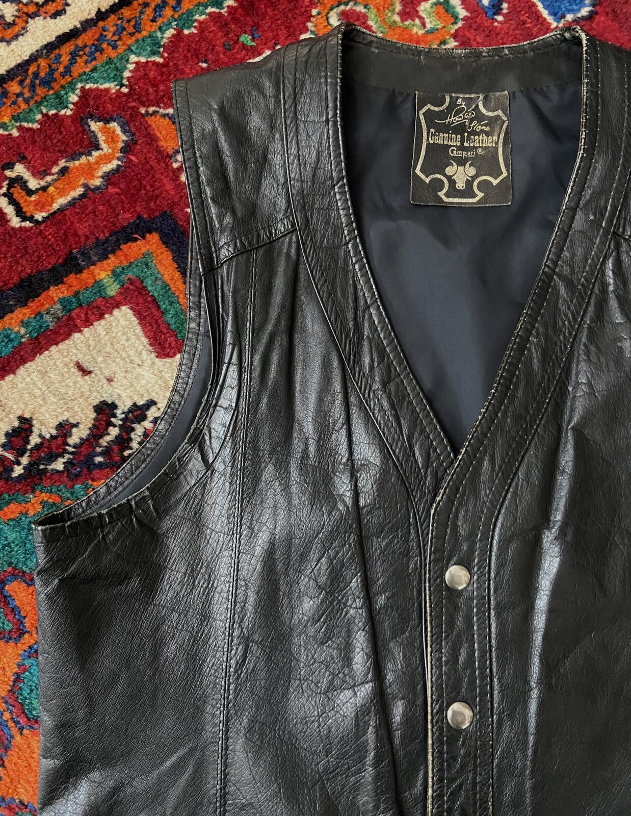 Vintage 1970s Black Leather Waistcoat