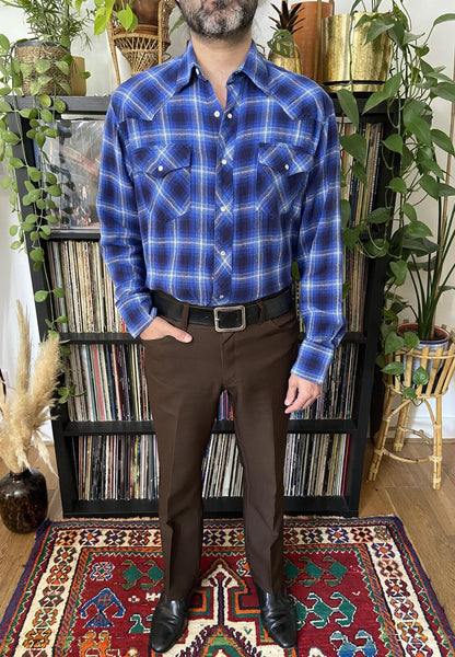 Vintage 90s Electric Blue Wrangler Western Plaid Shirt