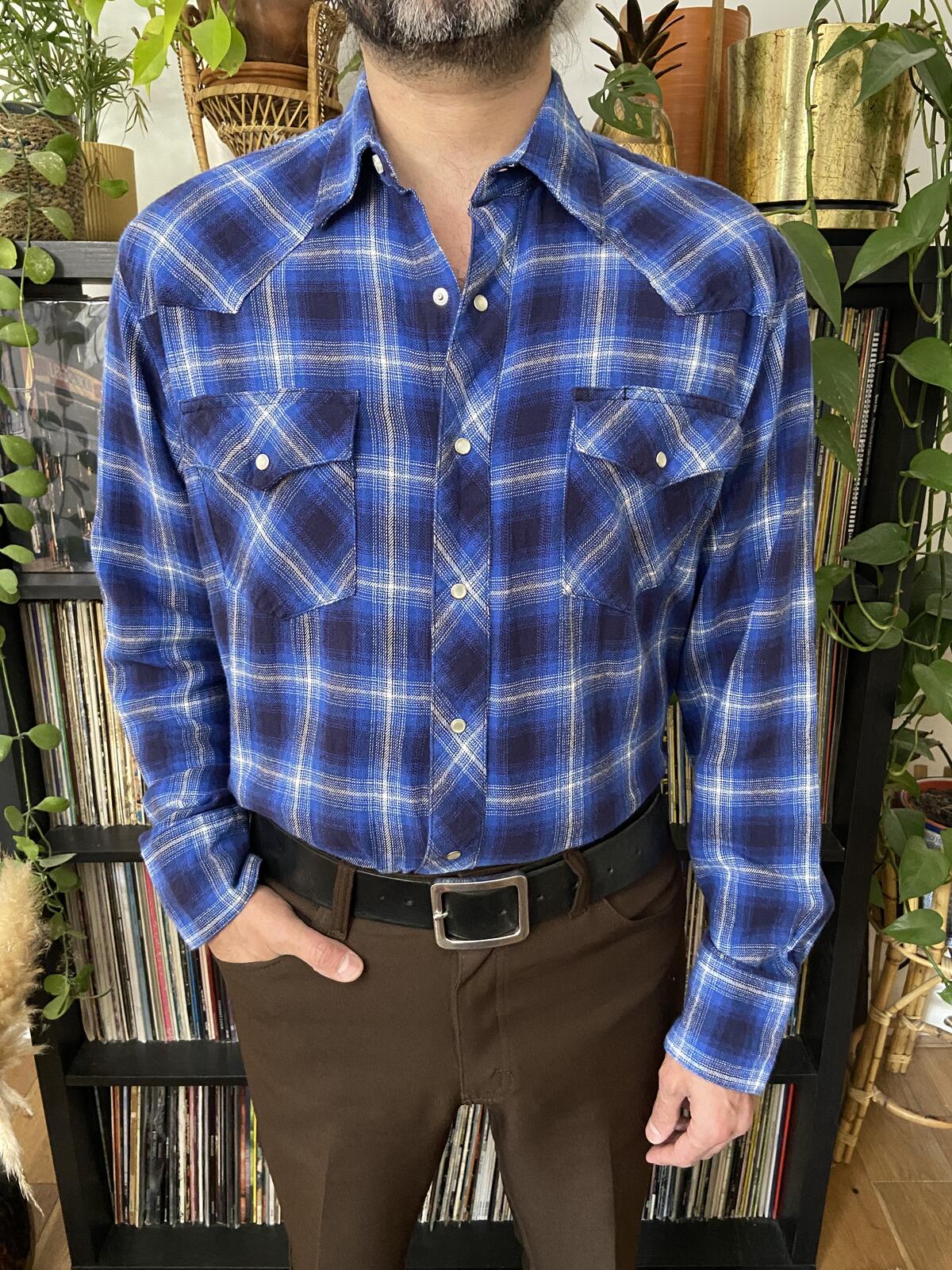 Vintage 90s Electric Blue Wrangler Western Plaid Shirt