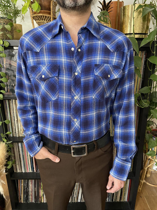 Vintage 90s Electric Blue Wrangler Western Plaid Shirt