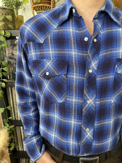 Vintage 90s Electric Blue Wrangler Western Plaid Shirt