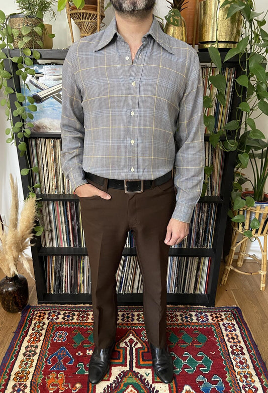 Vintage 1970s Navy & Beige Dagger Collar Shirt