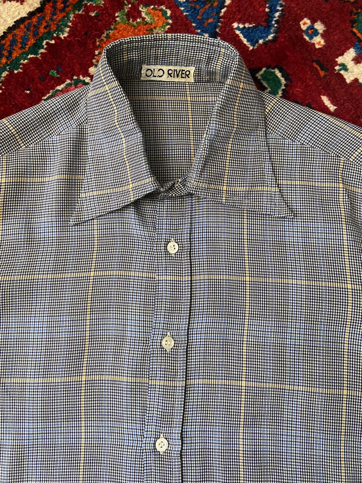 Vintage 1970s Navy & Beige Dagger Collar Shirt