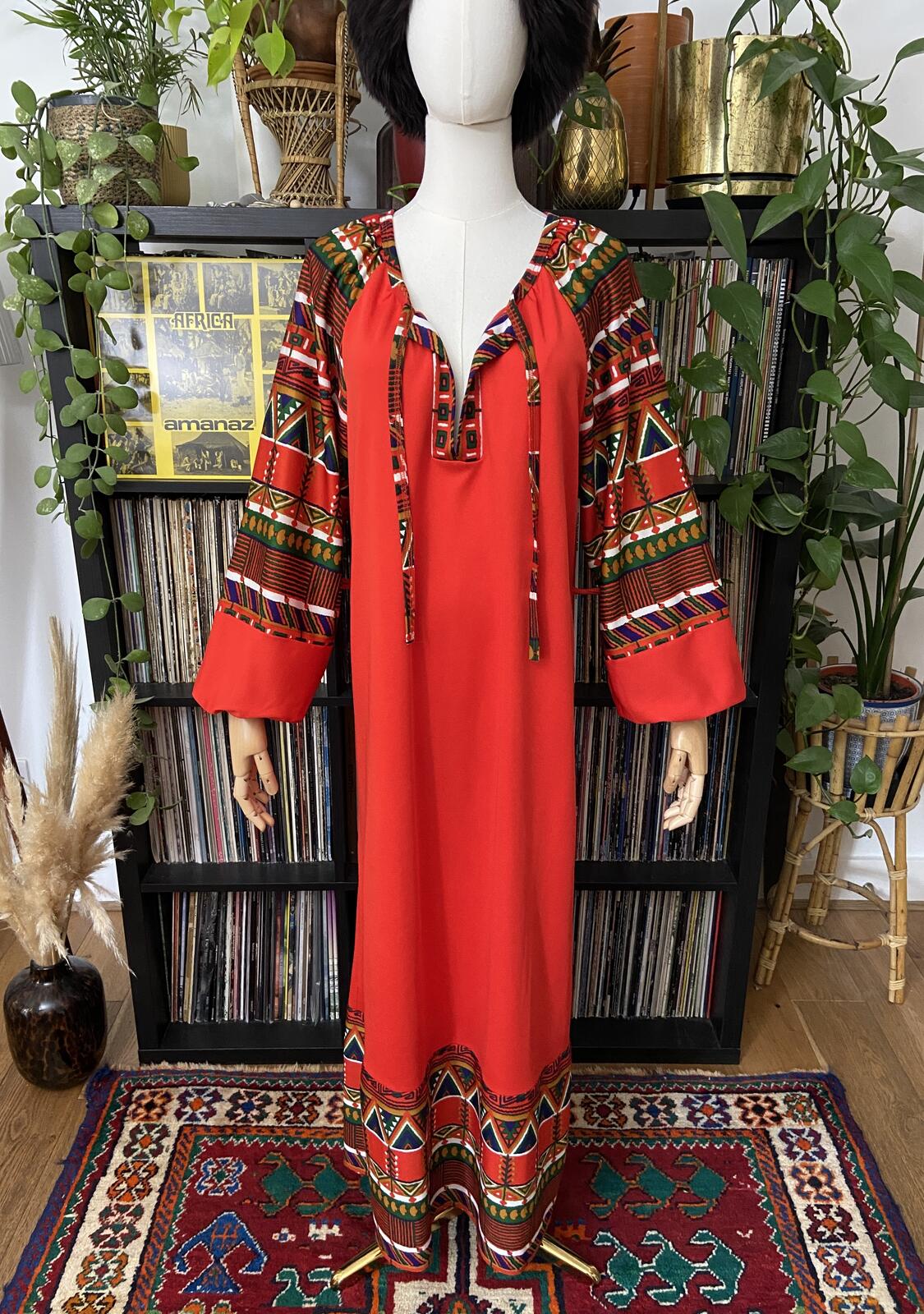 Vintage 1970s Red Balloon Sleeve Kaftan