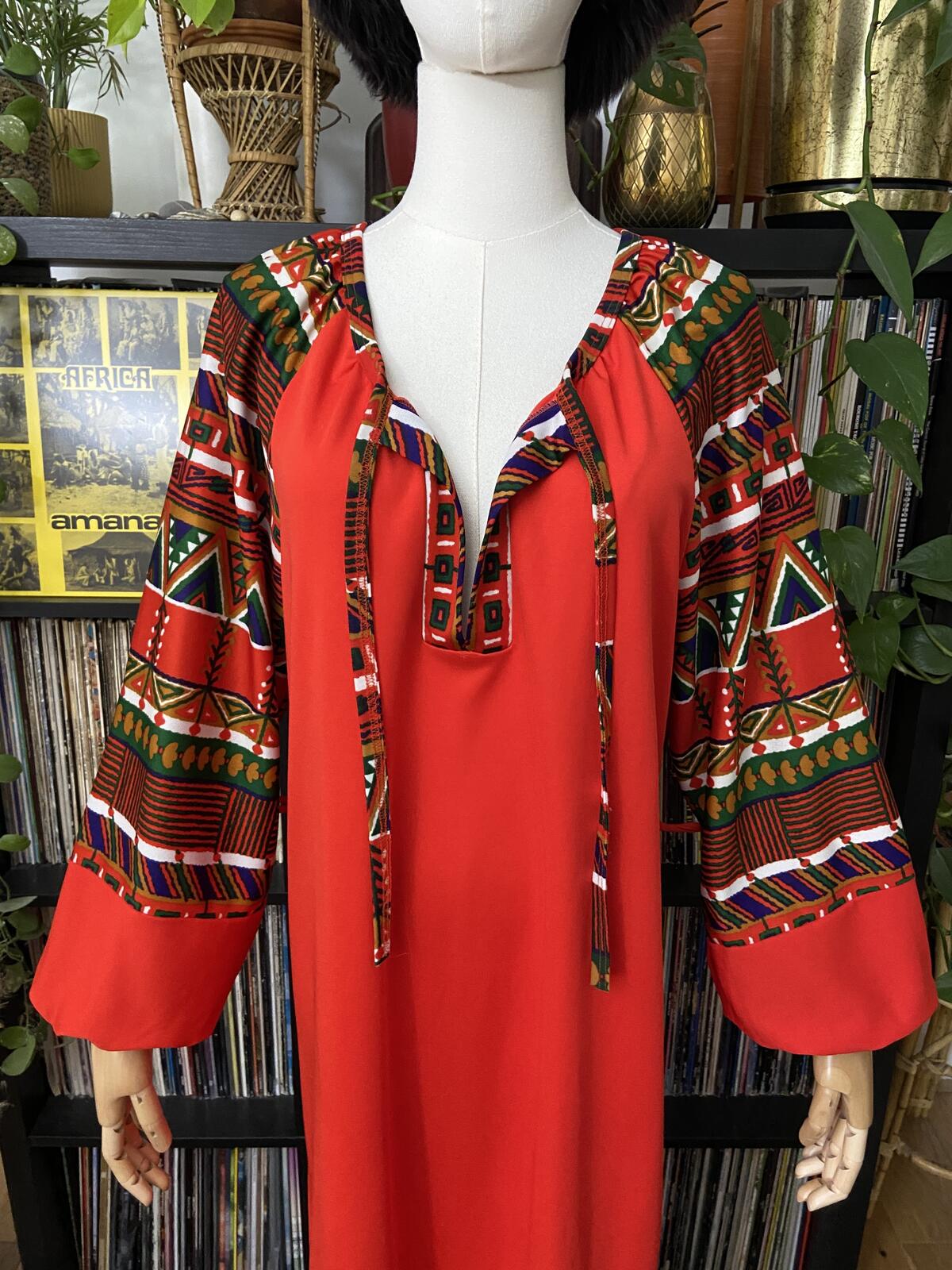 Vintage 1970s Red Balloon Sleeve Kaftan