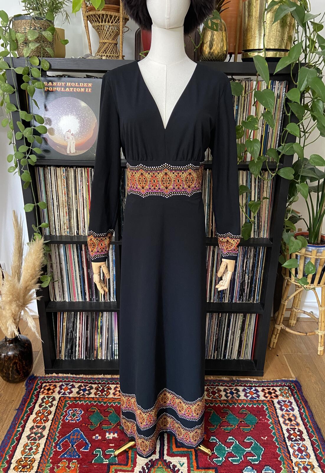 Vintage 1970s Black Paisley Trim Maxi Dress