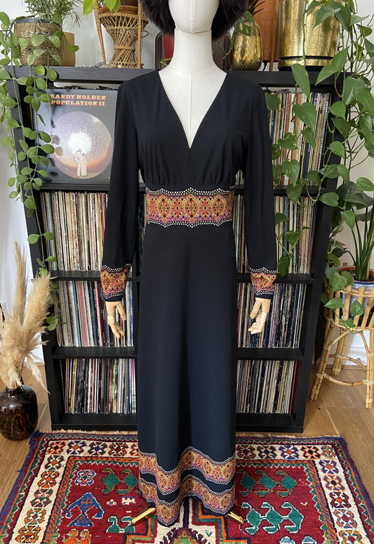 Vintage 1970s Black Paisley Trim Maxi Dress