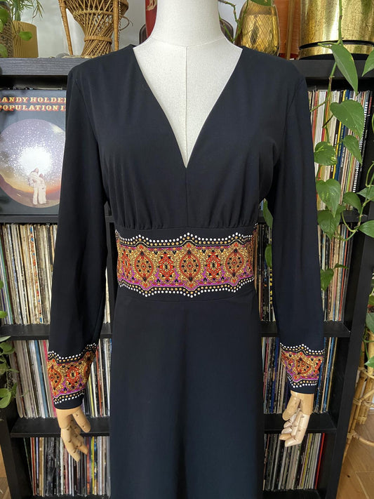 Vintage 1970s Black Paisley Trim Maxi Dress