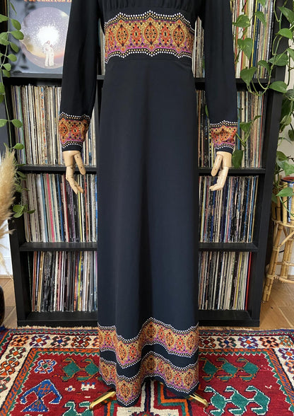 Vintage 1970s Black Paisley Trim Maxi Dress