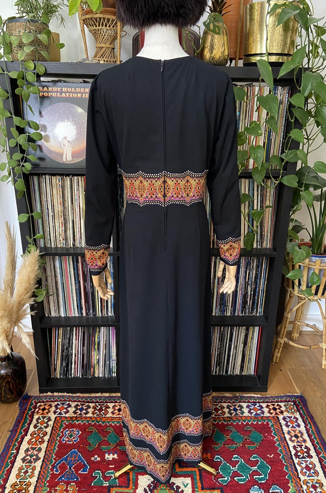 Vintage 1970s Black Paisley Trim Maxi Dress