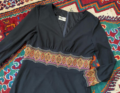Vintage 1970s Black Paisley Trim Maxi Dress