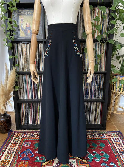Vintage 1970s Black Embroidered Folk Maxi Skirt