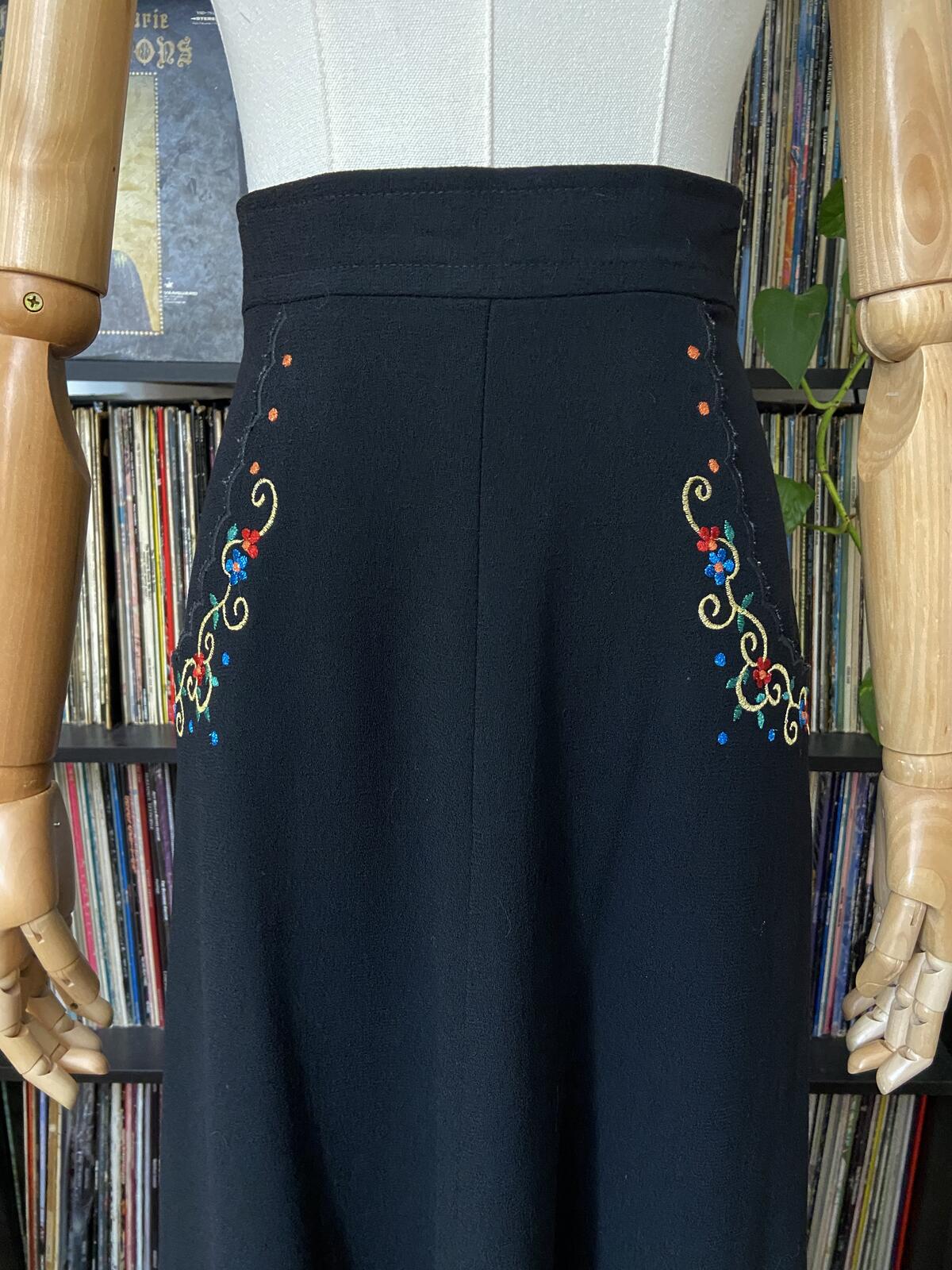 Vintage 1970s Black Embroidered Folk Maxi Skirt