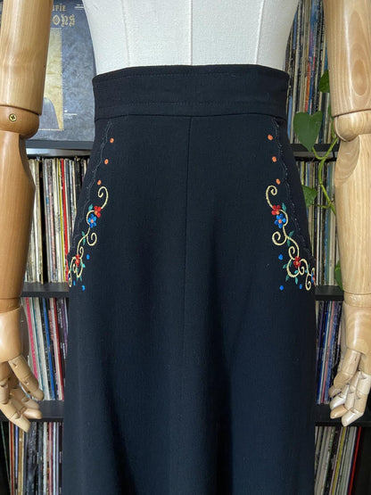 Vintage 1970s Black Embroidered Folk Maxi Skirt