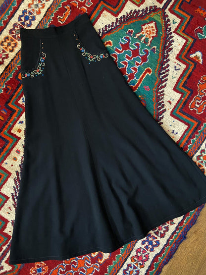 Vintage 1970s Black Embroidered Folk Maxi Skirt
