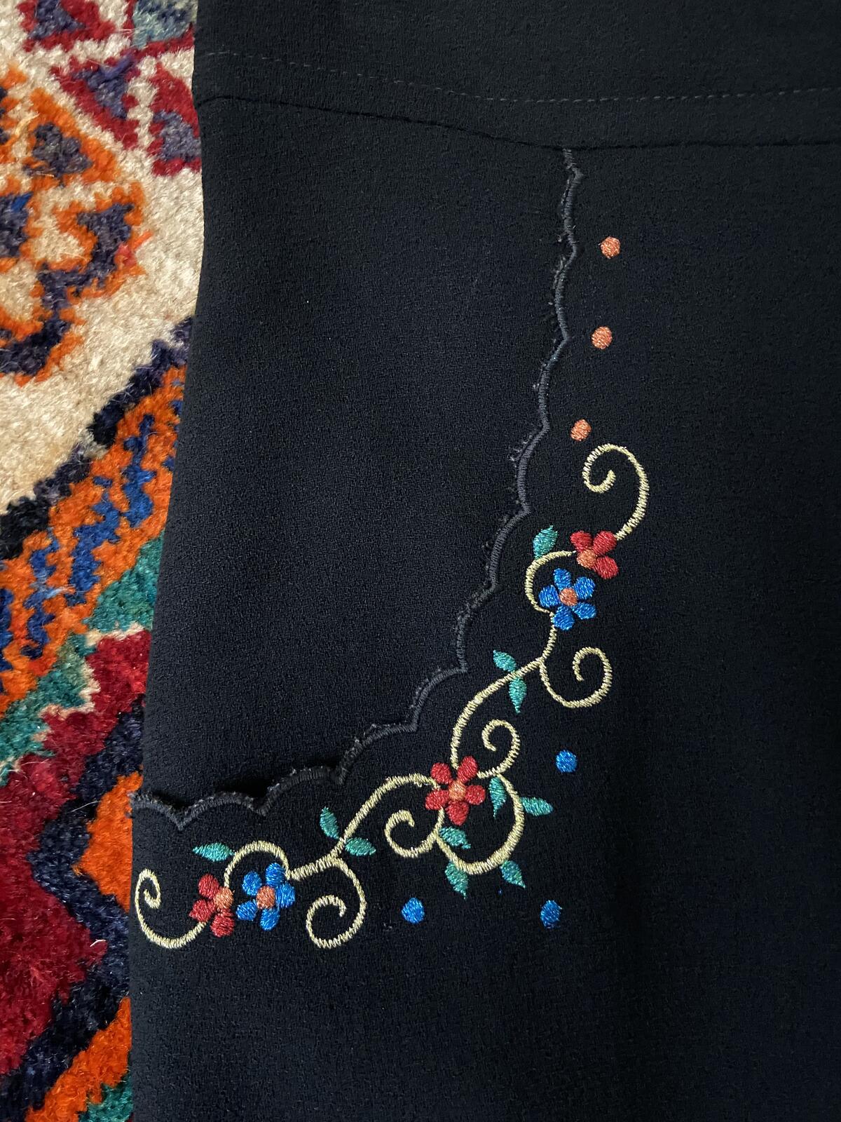 Vintage 1970s Black Embroidered Folk Maxi Skirt