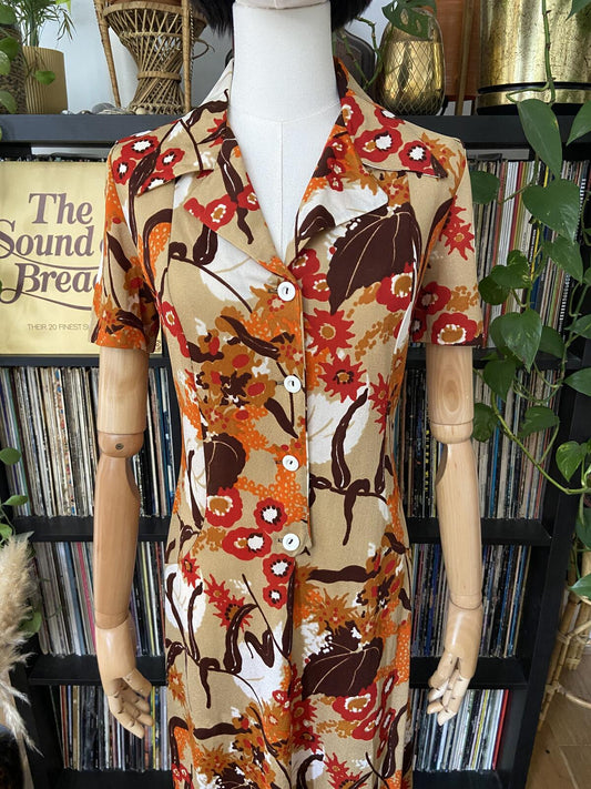 Vintage 1970s Beige Printed Dress