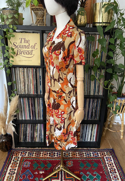 Vintage 1970s Beige Printed Dress