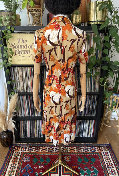 Vintage 1970s Beige Printed Dress