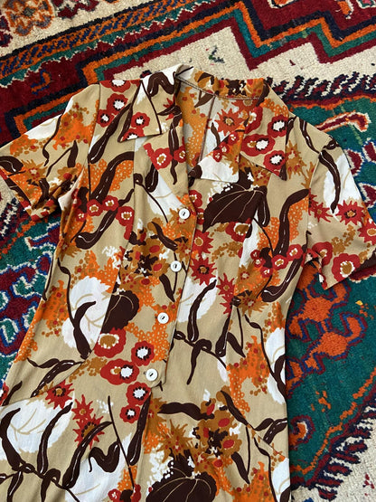 Vintage 1970s Beige Printed Dress