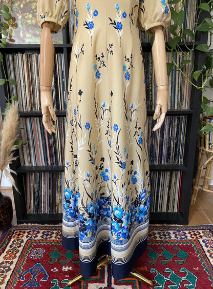 Vintage 1970s Beige Floral Maxi Dress