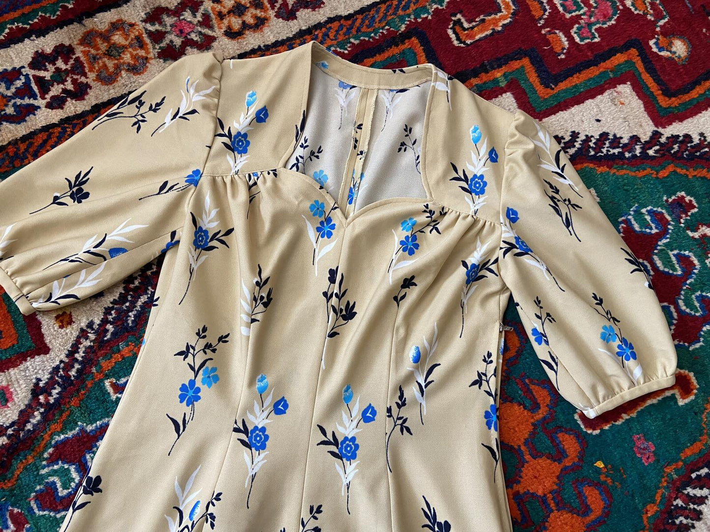 Vintage 1970s Beige Floral Maxi Dress