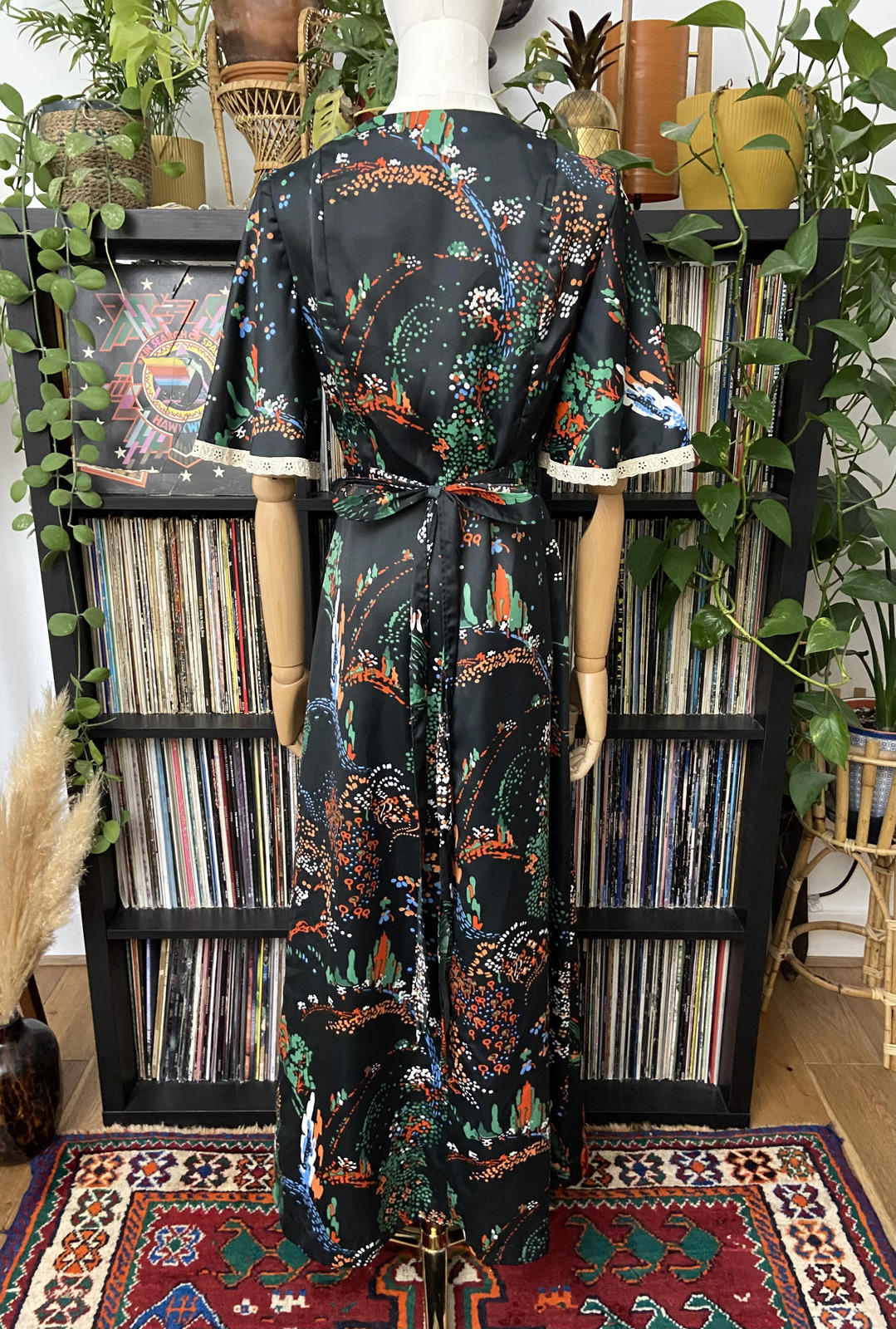 Vintage 1970s Patterned Lace Trim Maxi Dress