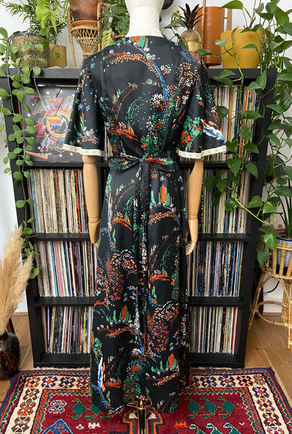 Vintage 1970s Patterned Lace Trim Maxi Dress