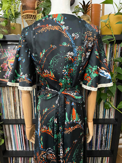 Vintage 1970s Patterned Lace Trim Maxi Dress