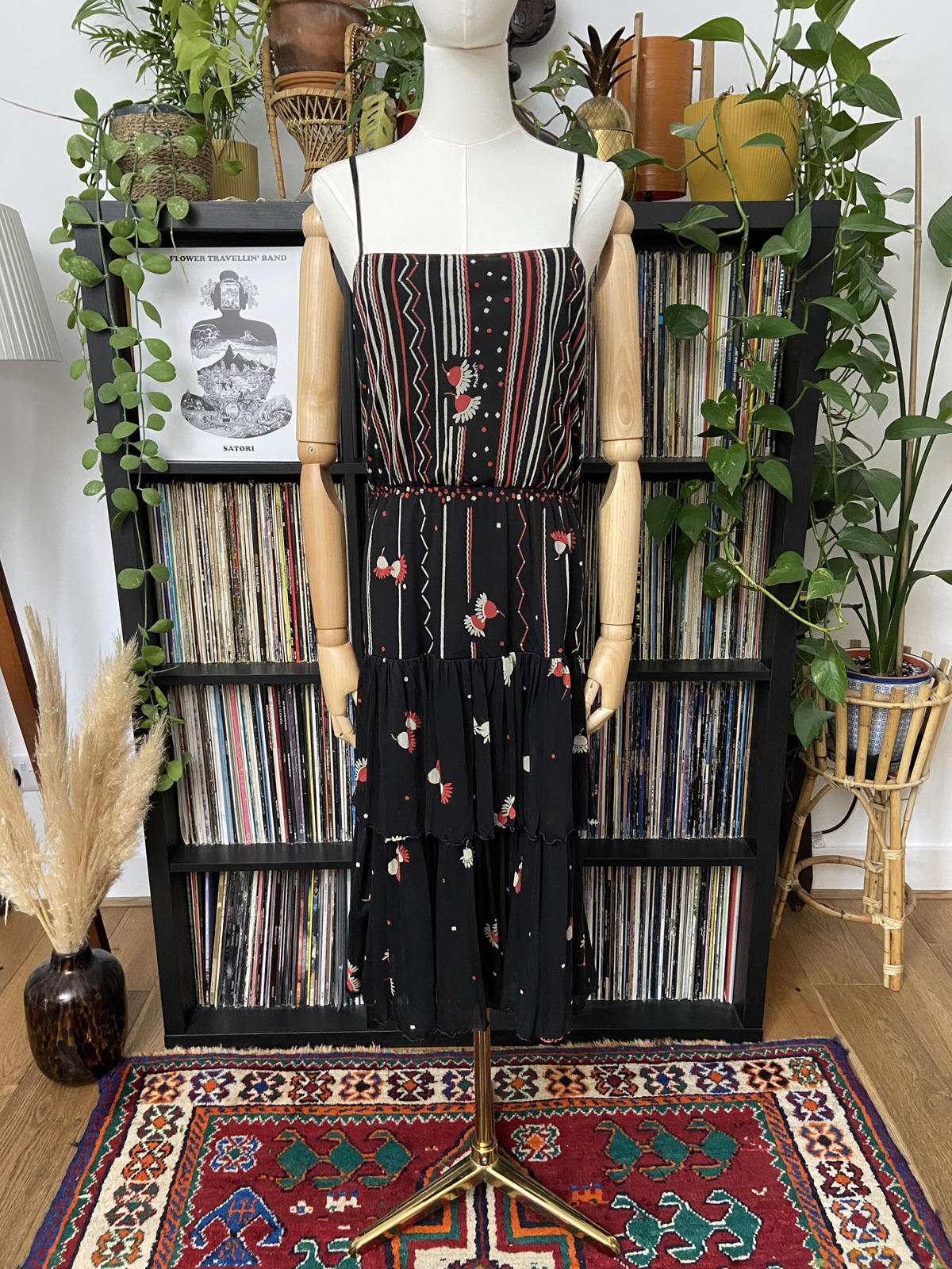 Vintage 1970s Black Tiered Strappy Dress