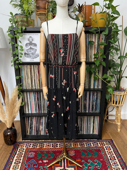 Vintage 1970s Black Tiered Strappy Dress