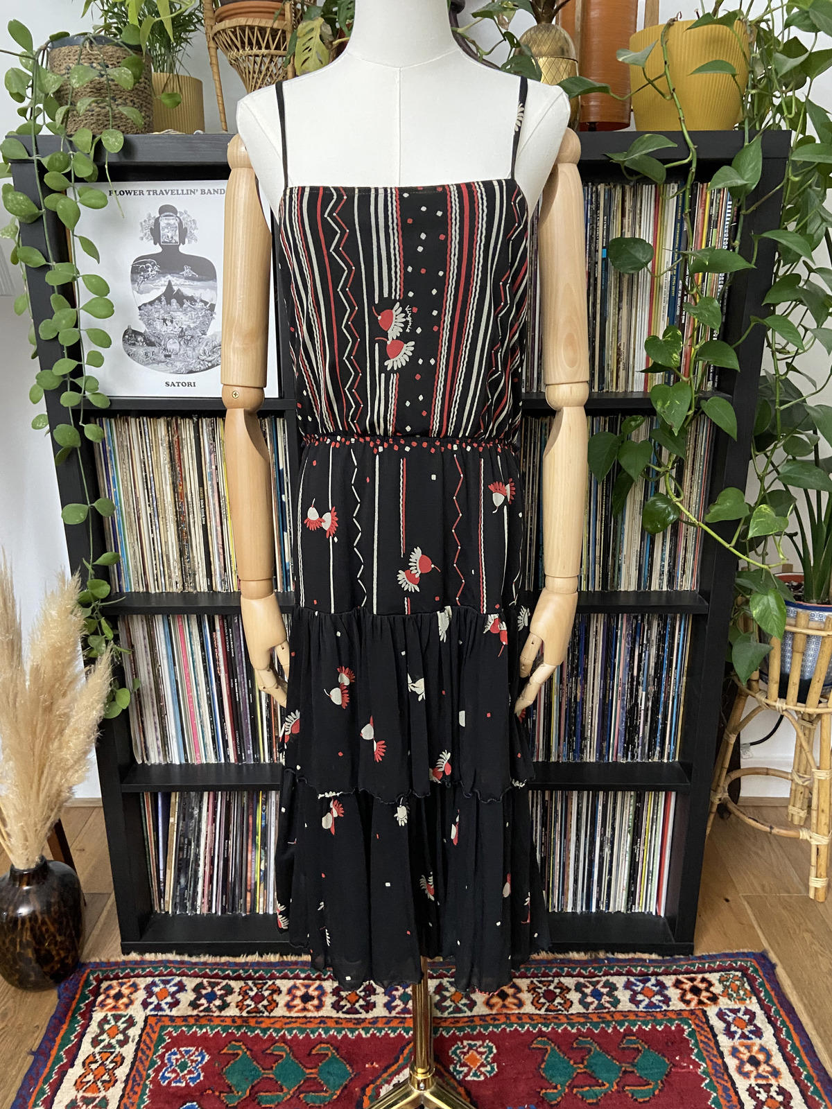 Vintage 1970s Black Tiered Strappy Dress