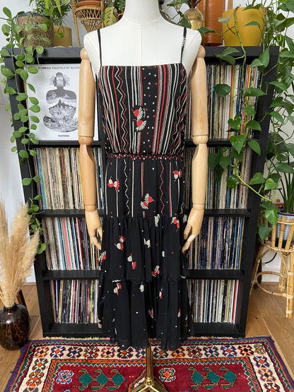 Vintage 1970s Black Tiered Strappy Dress