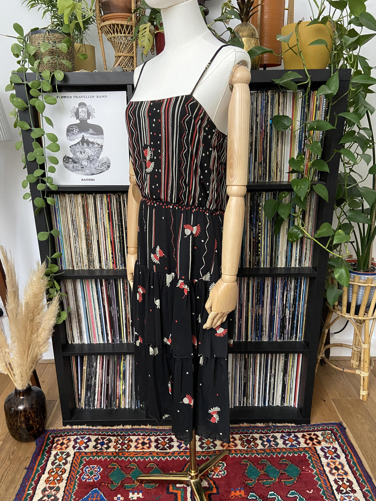 Vintage 1970s Black Tiered Strappy Dress
