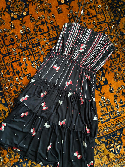 Vintage 1970s Black Tiered Strappy Dress