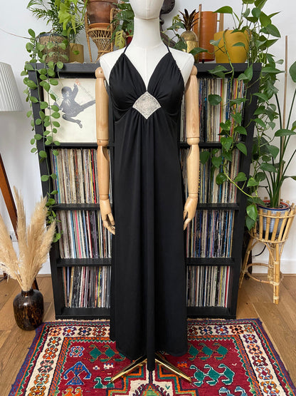 Vintage 1970s Black Lace Insert Halterneck Dress