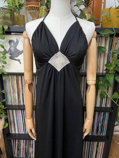 Vintage 1970s Black Lace Insert Halterneck Dress