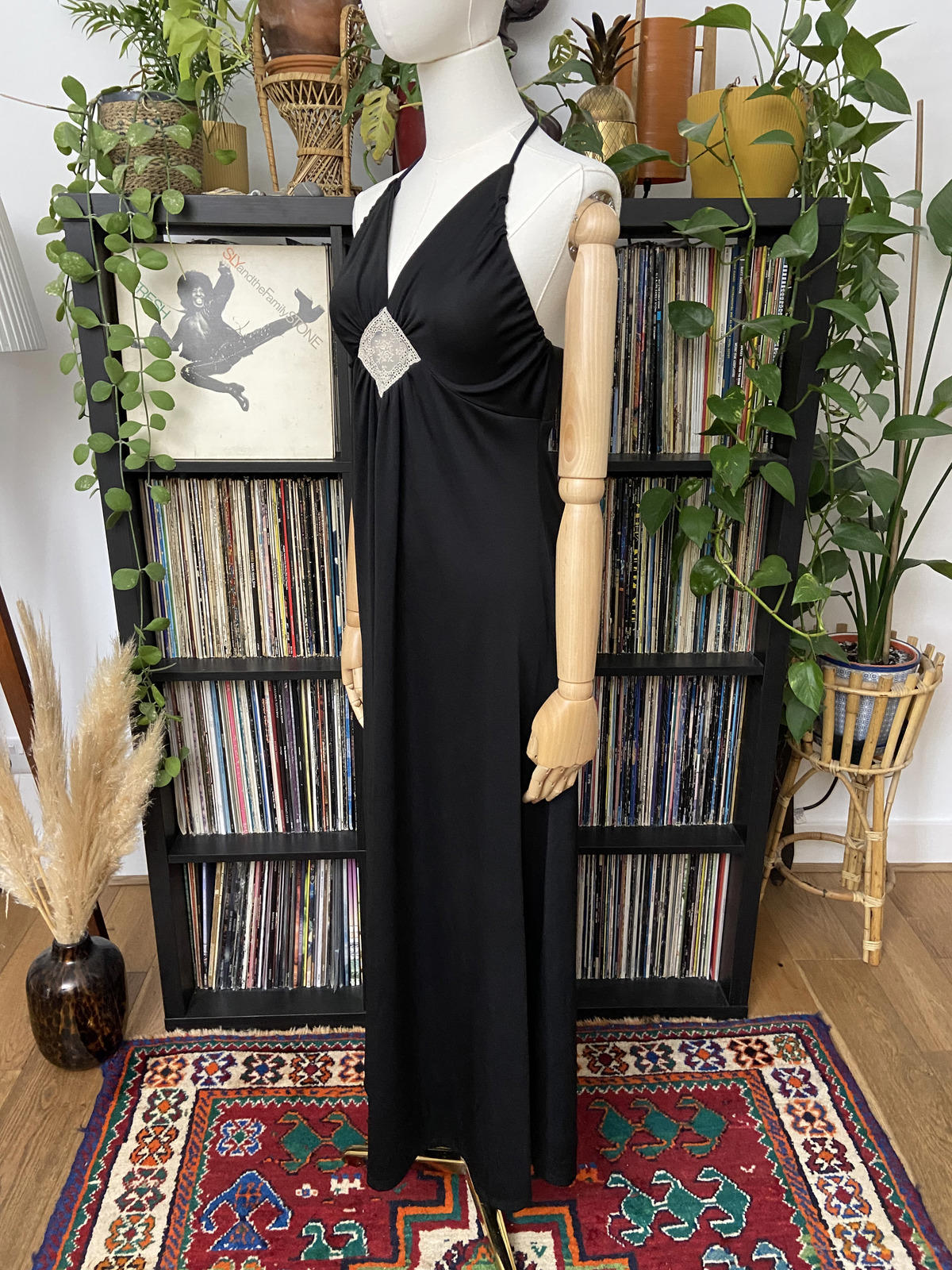 Vintage 1970s Black Lace Insert Halterneck Dress