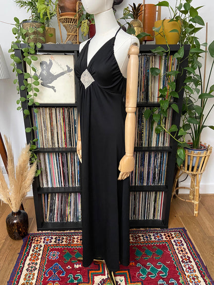 Vintage 1970s Black Lace Insert Halterneck Dress
