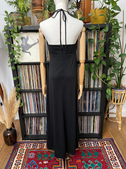 Vintage 1970s Black Lace Insert Halterneck Dress