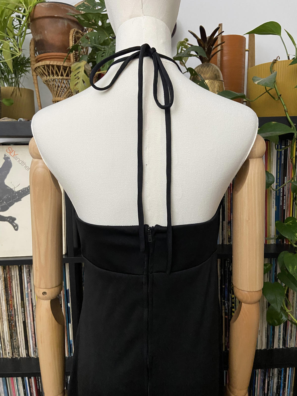 Vintage 1970s Black Lace Insert Halterneck Dress
