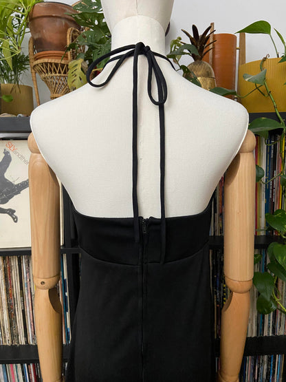 Vintage 1970s Black Lace Insert Halterneck Dress