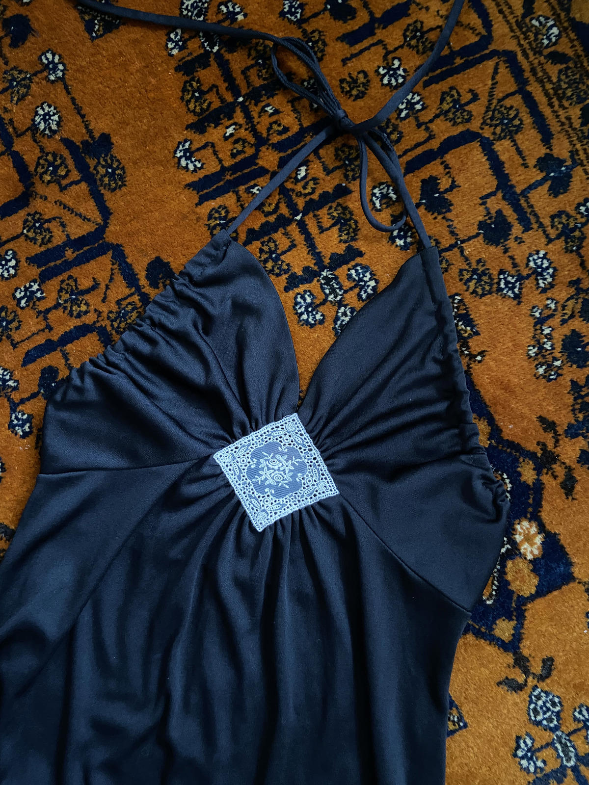Vintage 1970s Black Lace Insert Halterneck Dress