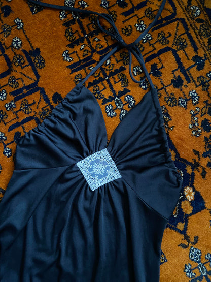 Vintage 1970s Black Lace Insert Halterneck Dress