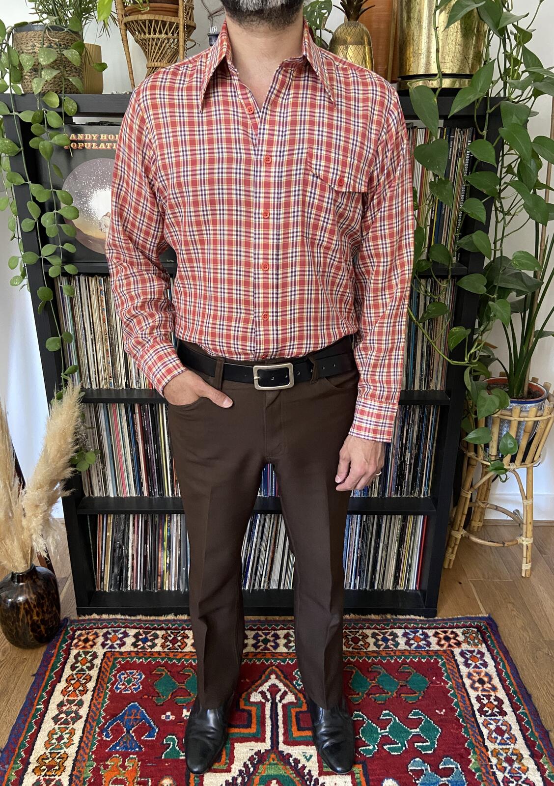 Vintage 1970s Red Checked Dagger Collar Shirt