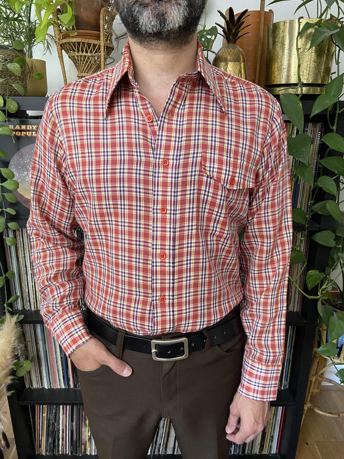 Vintage 1970s Red Checked Dagger Collar Shirt
